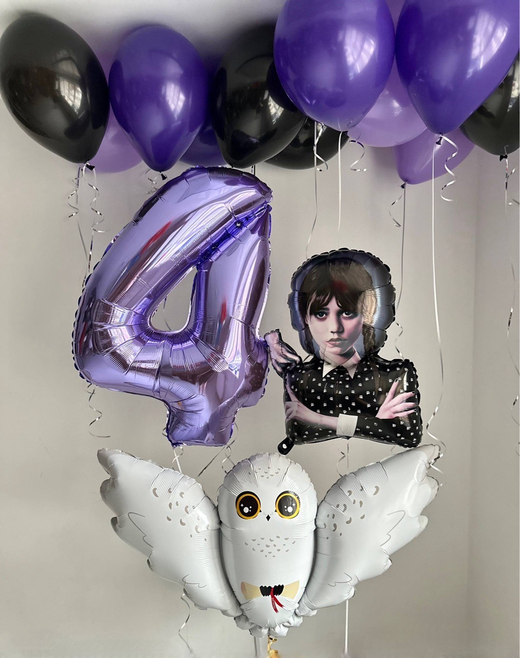Воздушные гелиевые шары Венздей/сова фиолетовый/черный №4985