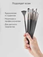 Набор кистей для рисования и аксессуары в пенале (15 кисточек + мастихин, губка) 18 предметов, черная ручка серый ворс