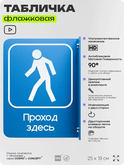 Табличка "Проход тут" флажковая на стену, двусторонняя с крепежом, 19 х 25 см, для офиса, кафе, ресторана, серия COSMO, Айдентика Технолоджи