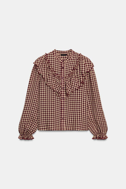 ZARA БЛУЗА В КЛЕТКУ ВИШИ С ВОЛАНАМИ, БУРГУНДИ
