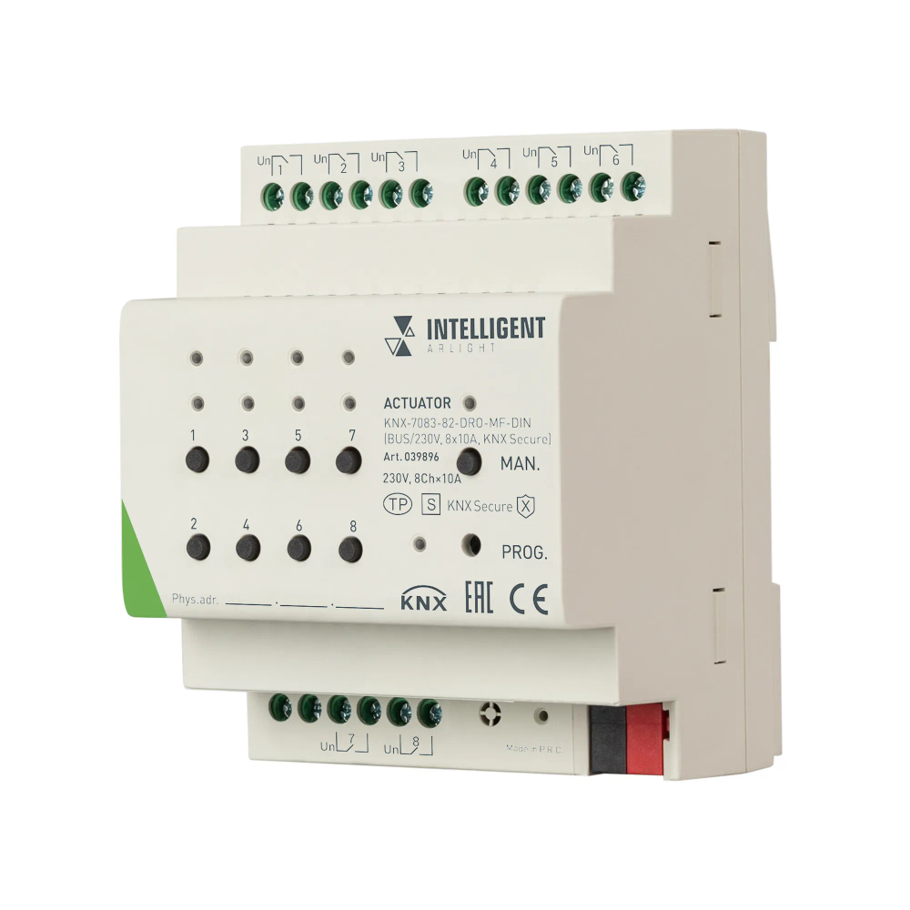 INTELLIGENT ARLIGHT Актуатор KNX-7083-82-DRO-MF-DIN (BUS/230V, 8x10А, KNX Secure)  (IARL, IP20 Пластик, 2 года) 039896