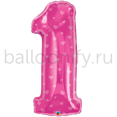 Шар ЦИФРА 1 Сердечки Pink 38" 96 см