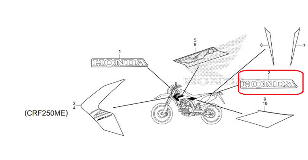 86102-KZZ-A20ZA. MARK, HONDA (70MM) *TYPE1*. on the tail Honda CRF250M