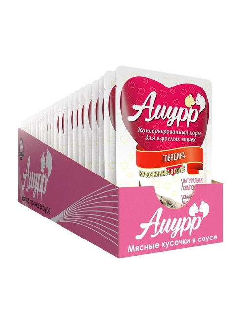 Амурр Влажный корм для взрослых кошек, говядина в соусе, 24 шт x 100 г