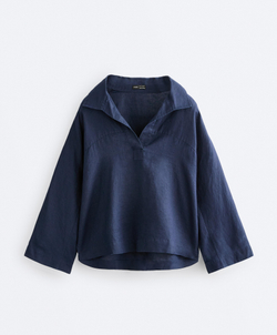 Oysho Рубашка-поло оверсайз с длинными рукавами из 100%-го льна, синий