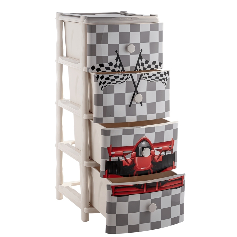 Комод "Элластик" 4 ящика с рисунком на фасаде "Формула 1", ножки на колесиках