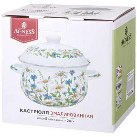 КАСТРЮЛЯ AGNESS ЭМАЛИРОВАННАЯ С ЭМАЛ.КРЫШКОЙ СЕРИЯ "FAMILY FARM", 5.0 Л, 24*14 СМ