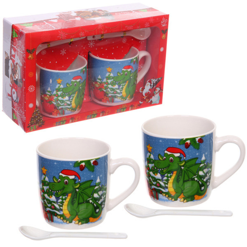 Кружка керамическая 200мл в наборе 2шт с ложками «Дракоша»