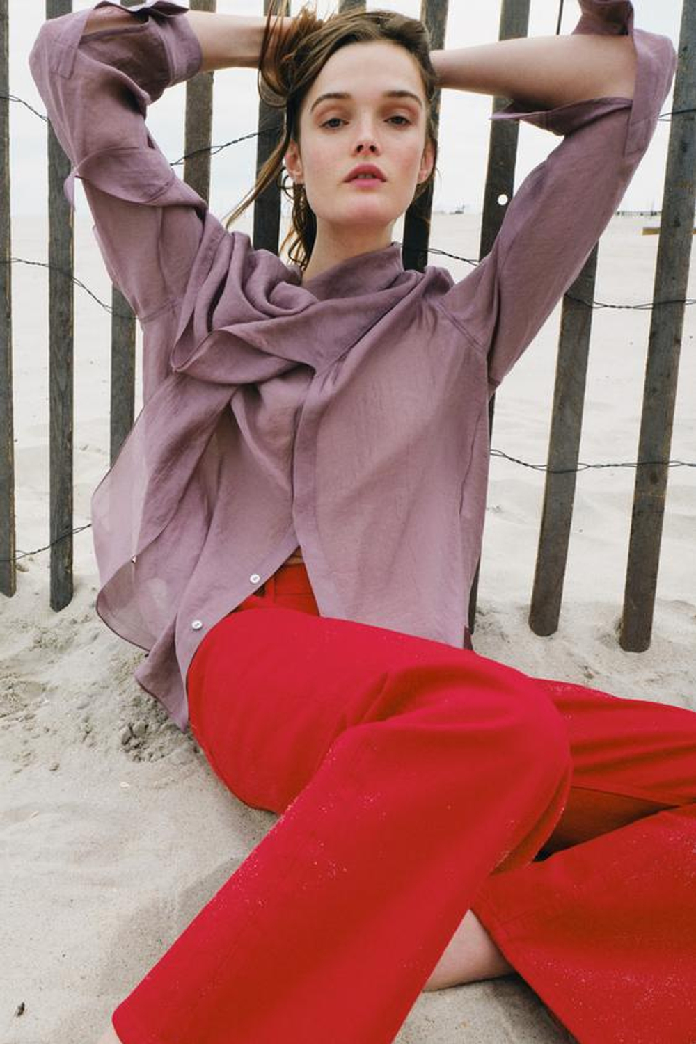 ZARA РУБАШКА С ШАРФОМ ZW COLLECTION, СИРЕНЕВЫЙ