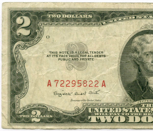 Банкнота США 2 доллара 1953B A 72295822 A. VG (надпись)