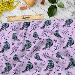 Ткань габардин птица сорока с деревом