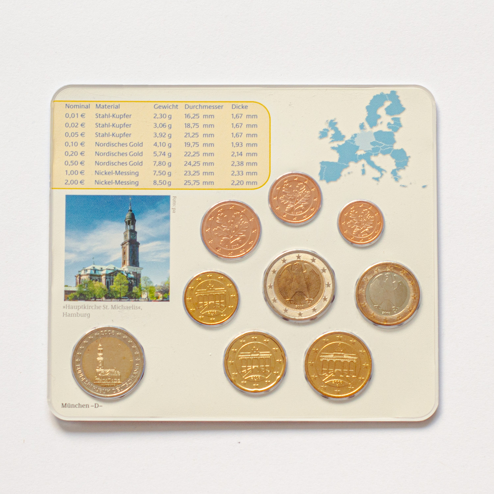 Germany 2008 Year Set (A, D, F, G, J) + 5 x 2 Euro: "St. Michaelis' Church (Hamburg)"