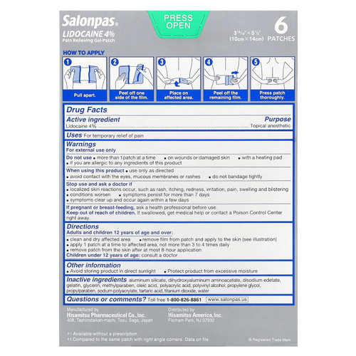 Salonpas, обезболивающий гель-патч с лидокаином, 4%, максимальная сила действия, без запаха, 6 шт.