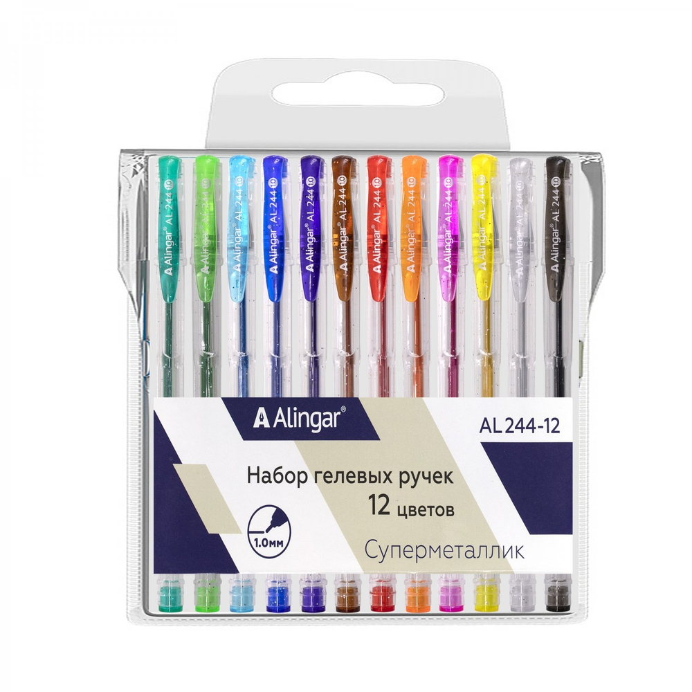 Набор гелевых ручек Alingar, "Металлик", 12 цветов, 1,0мм, прозрачный, круглый пластиковый корпус, ПВХ чехол, европодвес