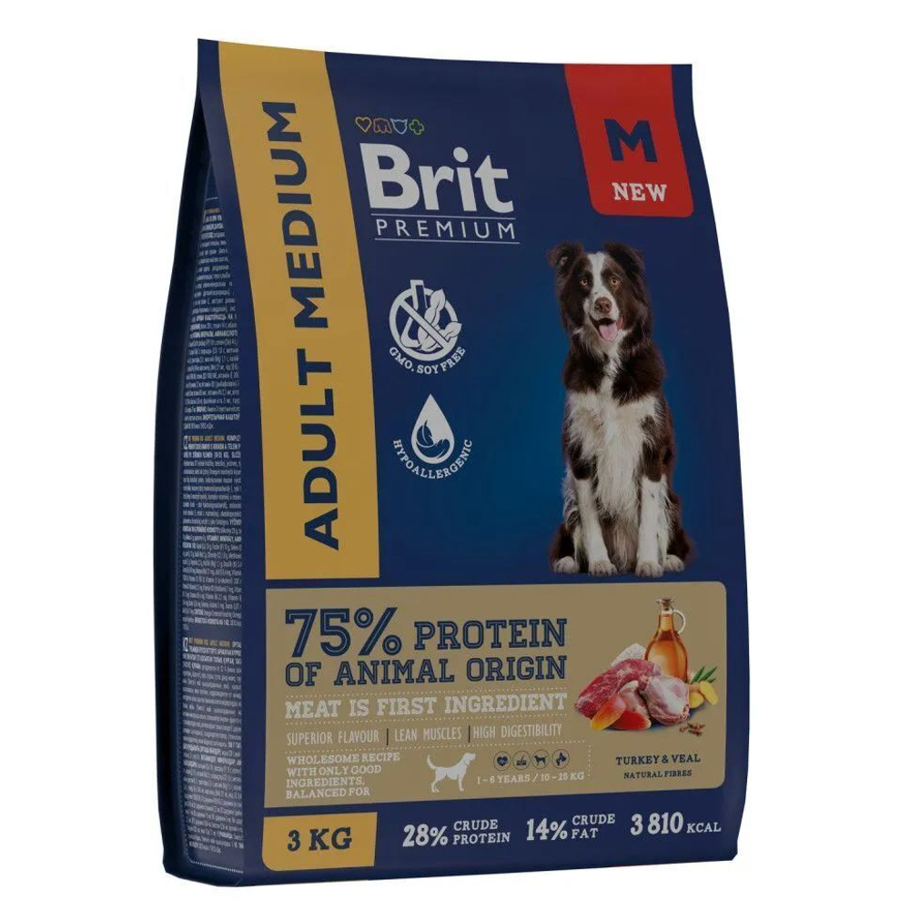 Корм для собак сухой BRIT PREMIUM Dog Adult Medium 3 кг для взрослых животных/с индейкой и телятиной