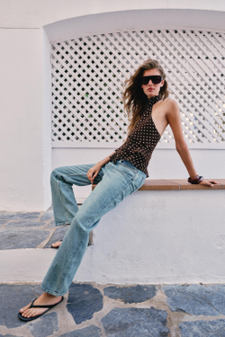 ZARA АСИММЕТРИЧНЫЙ ТОП В ГОРОШЕК, КОРИЧНЕВЫЙ/БЕЛЫЙ