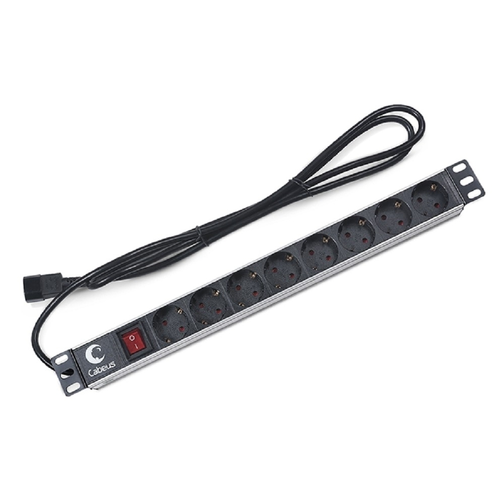 Блок розеток для телекоммуникационных шкафов Cabeus PDU-8P-2IEC Блок евророзеток для 19" шкафов, горизонтальный, 8 розеток, 10 A, выключатель, алюминиевый корпус, шнур 2 м, вилка IEC 320 C14