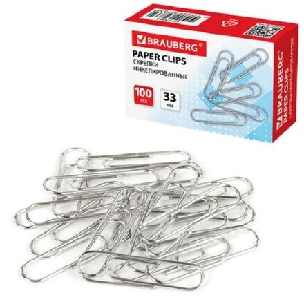 Скрепки канцелярские 33мм, 100шт, никелированные, Brauberg, картон. упак.