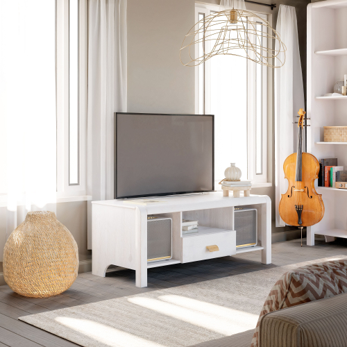 Тумба под телевизор 120х49х58 Мадейра из массива сосны с ящиком, на ножках, белая