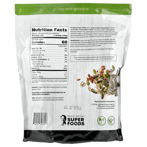 Dr. Murray's, суперфуды, протеиновый порошок из 3 видов семян, без добавок, 908 г (2 фунта)
