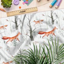 Ткань кулирная гладь грациозная лисица между деревьями