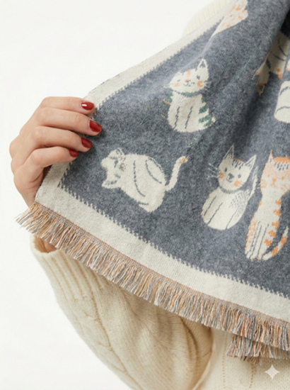 Двусторонний женский шарф с котятами, экокашемир, серый, Китай