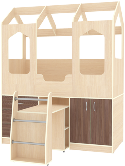 Кровать-чердак КарИВи Домик Сказка с выдвижным столом ДС-14  Дуб Молочный Бодего Темный