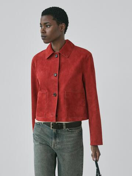 Massimo Dutti Короткая замшевая кожаная куртка, красный