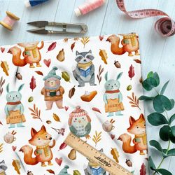 Ткань оксфорд 600 тепло одетые осенью животные в лесу