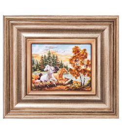 AMB-04/25 Картина «Лошади» (с янтарной крошкой) L-18см