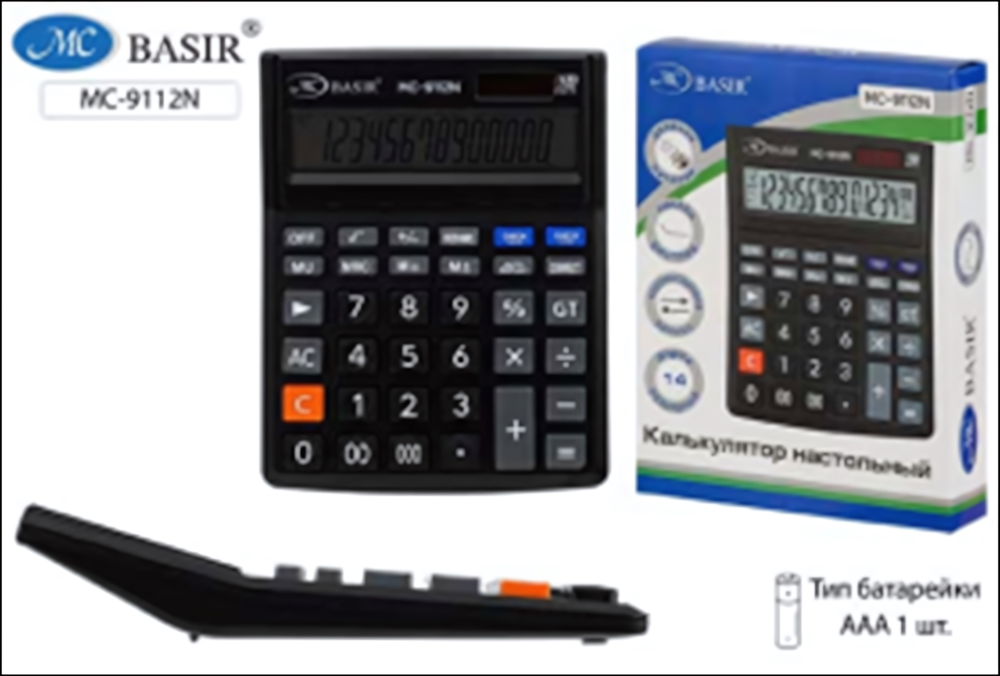 Калькулятор настольный 19,8*15,4*3,5см. 14-разрядный, двойное питание, наклон дисплея в коробка (Basir)