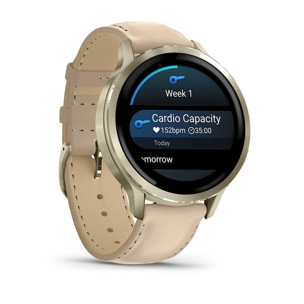 Умные часы Garmin Venu 4 41мм Лунно-золотистые с силиконовым ремешком цвета слоновой кости + кожаный ремешок песочного цвета (010-03013-03)