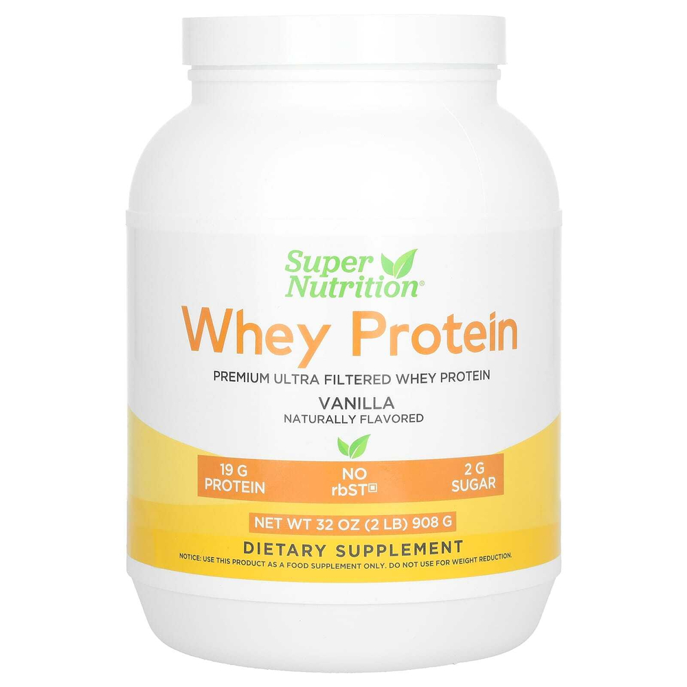 Super Nutrition, порошок из ультрафильтрованного сывороточного протеина с экстрактом листьев стевии, экстрактом архата и подсолнечным лецитином, без ГМО и р-БСТ, со вкусом ванили, 908 г (2 фунта)