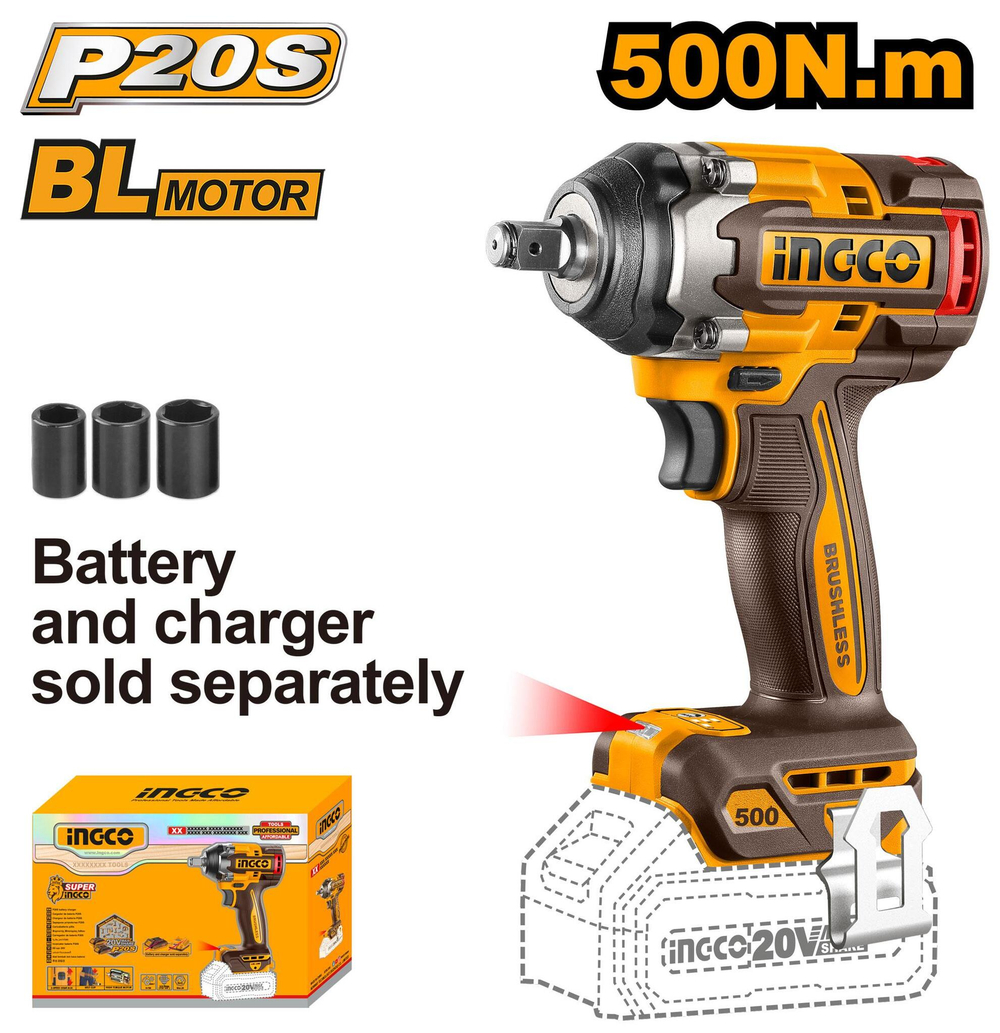 Аккумуляторный бесщеточный ударный гайковерт INGCO CIWLI20501 INDUSTRIAL 20 В 1/2" 500 Нм