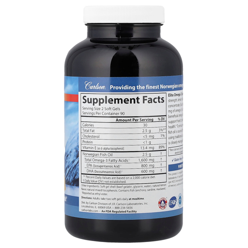 Carlson, Elite Omega-3 Gems®, отборные омега-3 кислоты из норвежской рыбы дикого улова, натуральный лимонный вкус, 180 капсул