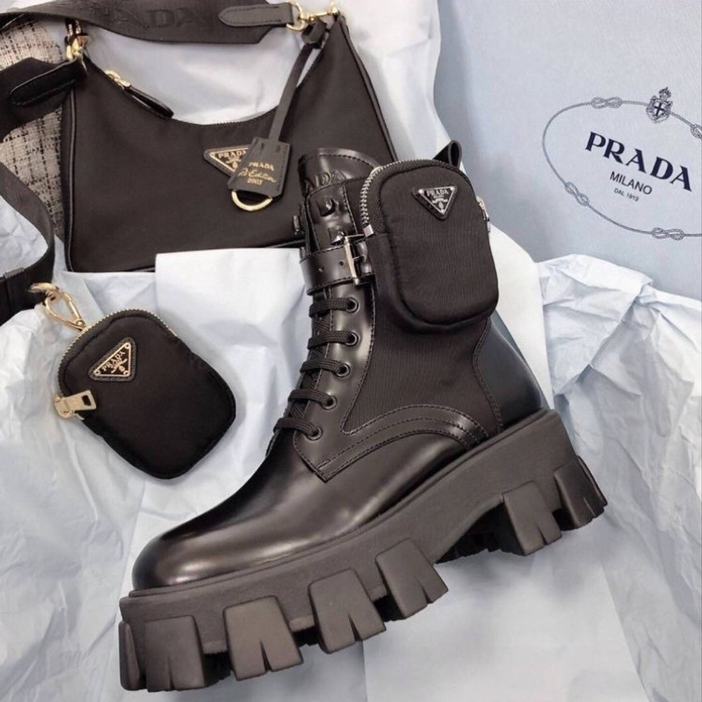 Prada Detachable-pouch Combat Boots Black