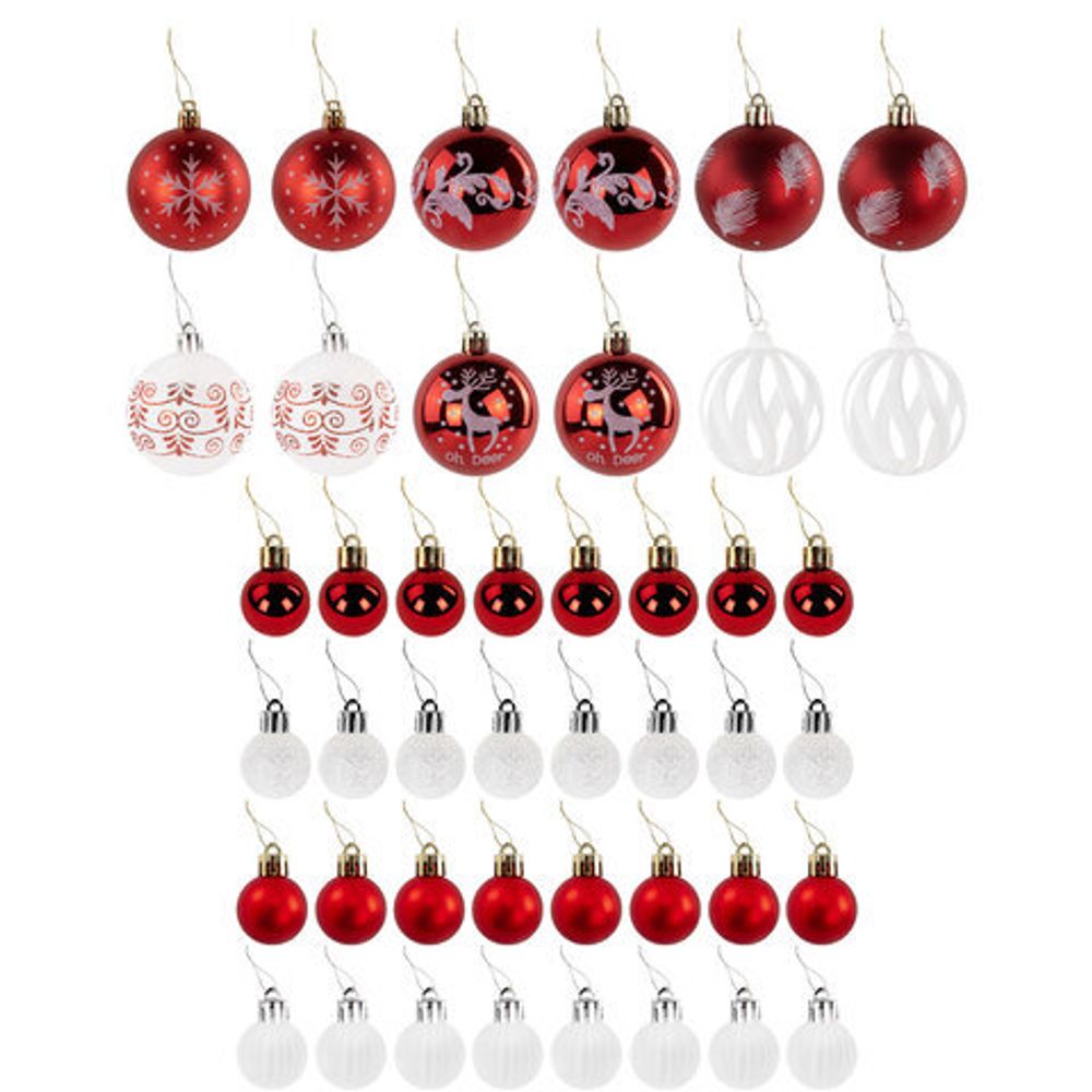 Шары ёлочные НАБОР 44 шт., 6 см/3 см,"Red&White", красные/белые, пластик, ЗОЛОТАЯ СКАЗКА, 592166