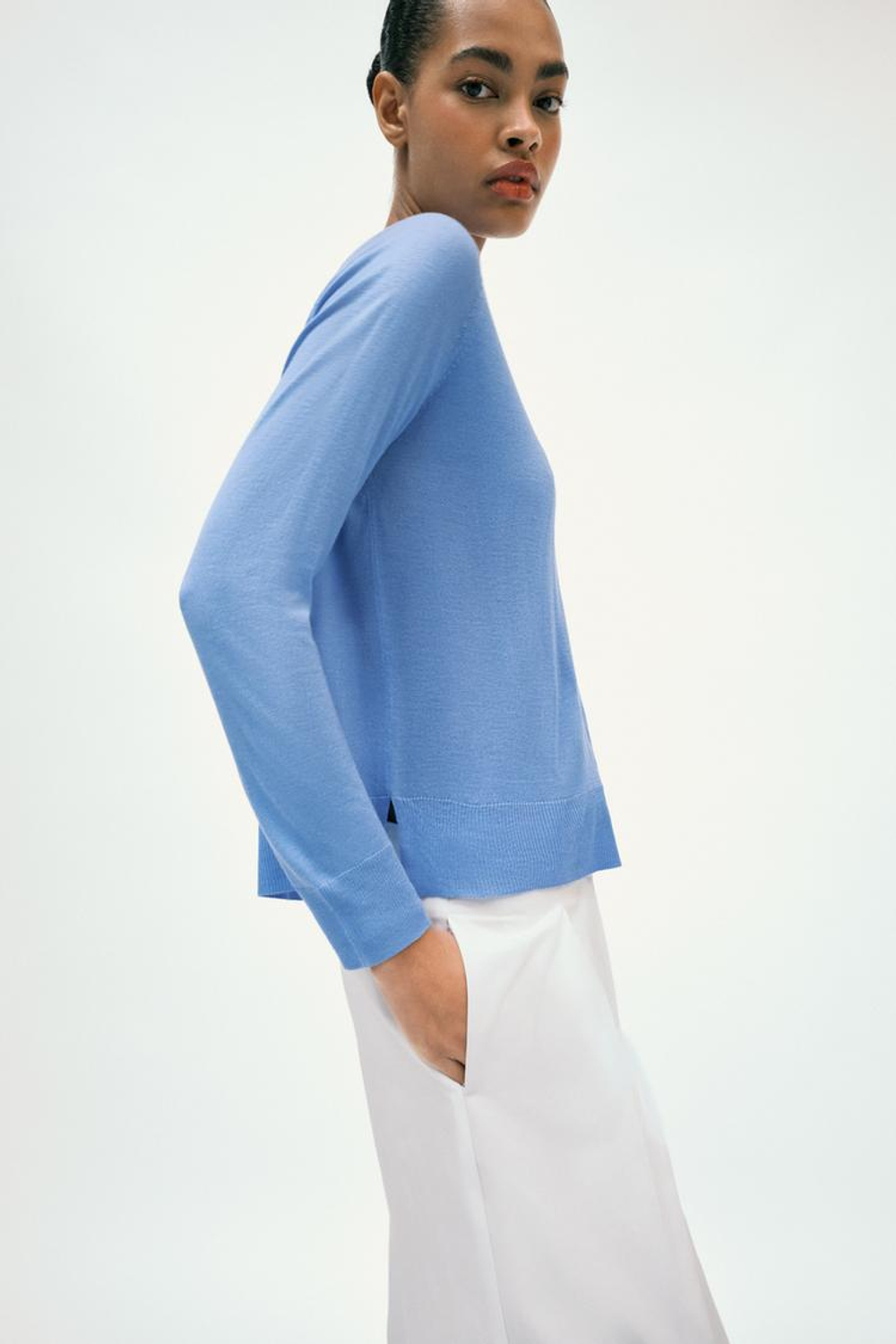 ZARA БАЗОВЫЙ СВИТЕР ИЗ ТОНКОГО ТРИКОТАЖА, СИНИЙ МЕЛАНЖ