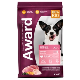 Award Dog Medium Puppy с индейкой и курицей с добавлением моркови и черной смородины 2кг.