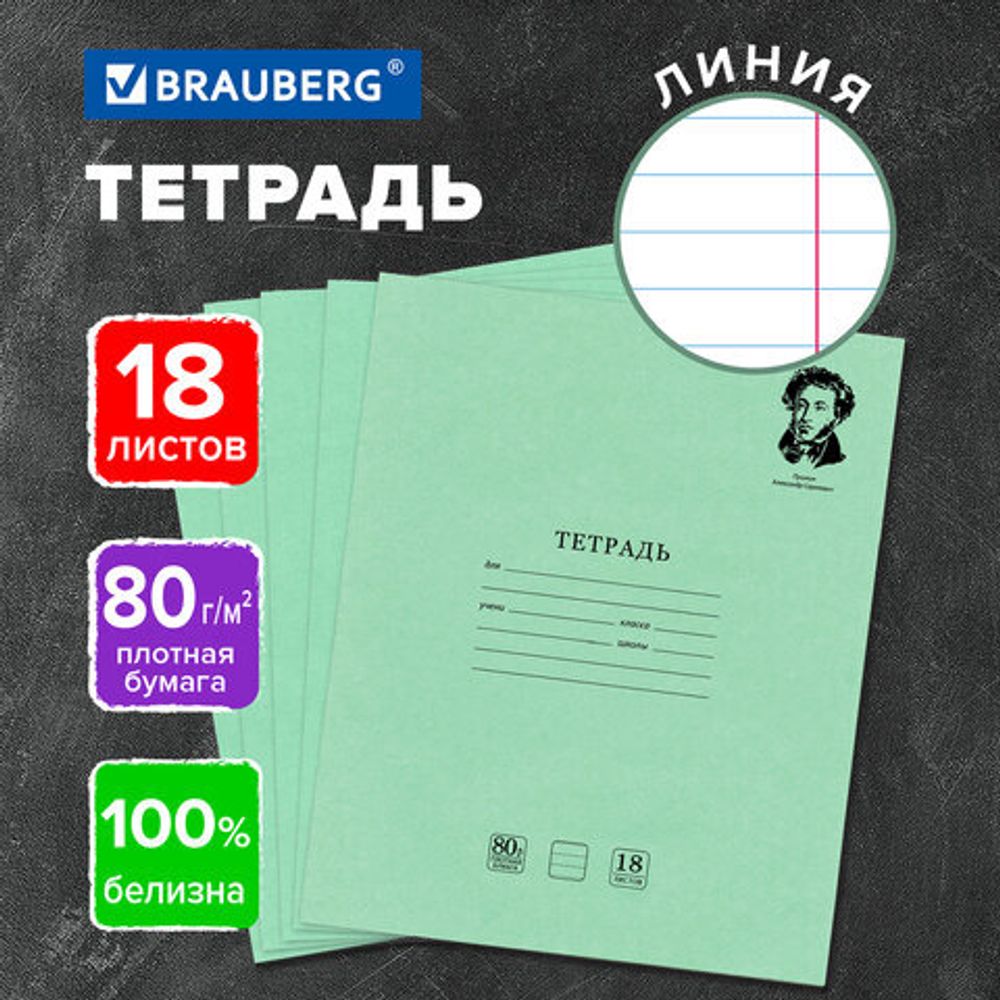 Тетрадь BRAUBERG ВЕЛИКИЕ ИМЕНА, 18 л., линия, плотная бумага 80 г/м2, обложка тонированный офсет, 106979, 20шт