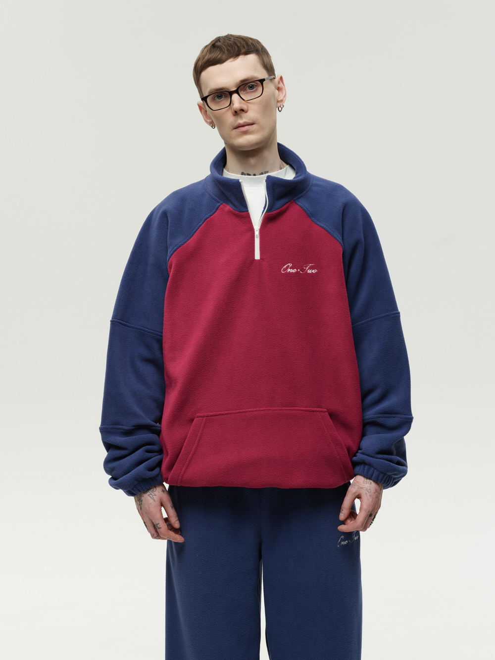 Drawstring Half-Zipped Sweatshirt Raspberry-Navy Smoke