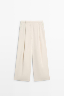Massimo Dutti Драпированные укороченные широкие брюки, натуральный