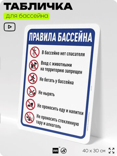 Табличка для бассейна "Правила бассейна", на пляж, для общественной и частной зоны отдыха, информационная, 40х30 см, Silver Plane x Айдентика Технолоджи