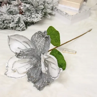 Украшение новогоднее «Пуансеттия - Рожедественская красавица» 23 см, Белый/Серебро