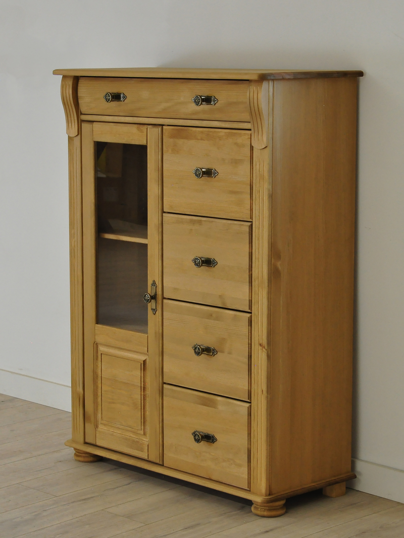 Комод 91х42х125, Susanna, с 5 ящиками для одежды, стеклянная дверца, винтажный, классический, в гостиную, спальню, прихожую, массив сосны, Dipriz