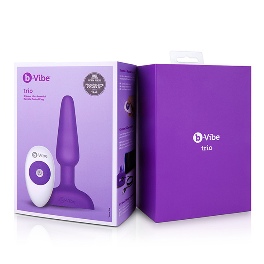 Фиолетовая анальная премиум-пробка с 3 моторами b-Vibe Trio Plug BV-002-PUR