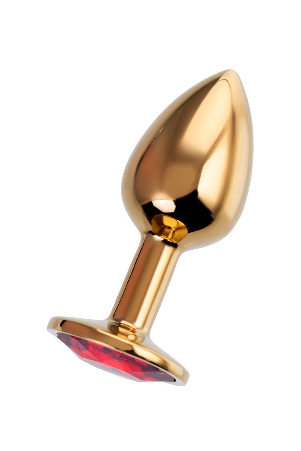 Золотистая гладкая коническая анальная пробка с красным кристаллом - 7 см.