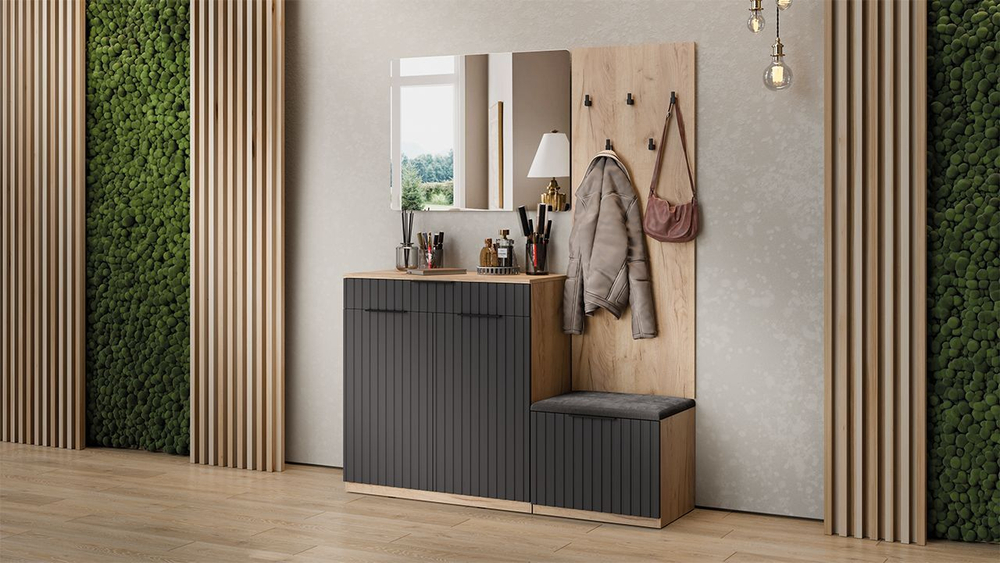Прихожая с зеркалом комплект мебели Дуб Крафт золотой/Графит матовый 206х43х226 см