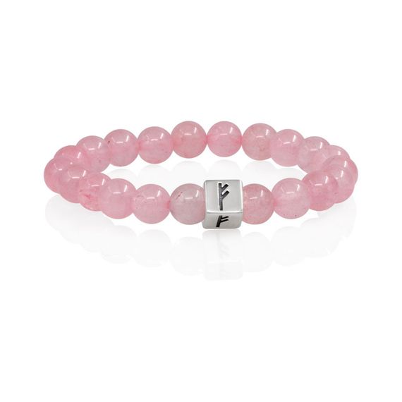 Браслет Достаток и сила из натурального розового кварца с руной Феху в форме куба из серебра 925, вид 1