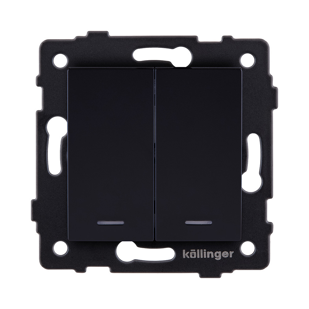 Выключатель 2-клавишный проходной 10А/250В с LED подсветкой, черный Kollinger REA-S-010BK для Aspekt, Eleganz, Reflex